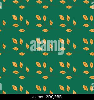 Seamless pattern with autumn twigs on a green background. Wrapping paper or fabric. Colorful vector illustration Stock Vector