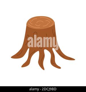 Sawed stump tree with branched roots. Ecology concept. Respect for nature. Colorful vector illustration on a white background. Cartoon style Stock Vector