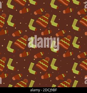 Seamless pattern warm cozy socks, mittens and hat with pompom, falling snow. Christmas pattern, winter packaging. Brown background. Vector illustratio Stock Vector