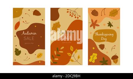 Set Autumn backgrounds for social media stories. Abstract banners with leaves, twigs, acorns, pine cone and rowan berries. Event promotion concept, au Stock Vector