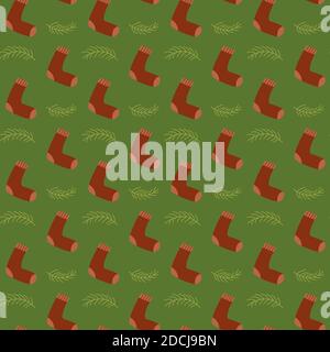 Seamless pattern warm cozy socks. Spruce branches. Christmas pattern, winter packaging. Green background. Vector illustration in flat style Stock Vector
