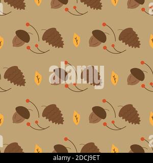 Seamless pattern with autumn leaves, rowan, acorns and cones. Gray background. Wrapping paper or fabric. Colorful vector illustration Stock Vector