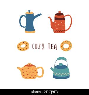 Set of cute teapots with donuts and the inscription cozy tea. Colorful cartoon vector isolated illustration on white background Stock Vector