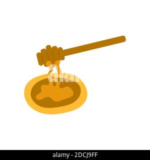 Spoon with dripping honey on a plate. Vector illustration in cartoon style on a white background. Healthy dessert Stock Vector