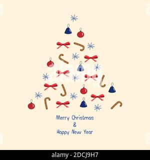 New Years toys are laid out in the shape of Christmas tree. Inscription Merry Christmas and Happy New Year. Glass balls red color, blue bells, red bow Stock Vector