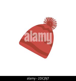 Warm winter red hat with pompom. Comfortable headgear for cold weather. Isolated flat vector illustration. Clipart beanie christmas color Stock Vector