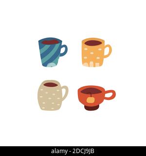 Set of mugs with coffee and tea. Tea bag. Cozy mood. Colorful cartoon vector isolated illustration on white background Stock Vector