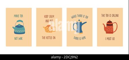 Set of cards with cute teapots with tea and phrases. Postcards or posters. Boho style. Colorful cartoon vector illustration on beige background Stock Vector