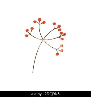 Sprig with rowan berries flat vector isolated. Simple autumn twig red color on white background Stock Vector