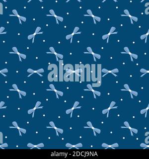 Festive seamless pattern with bows and snow on a blue background. Winter christmas and New Year pattern. Vector holiday illustration, can be used as g Stock Vector
