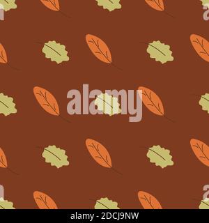 Seamless pattern with autumn leaves on a brown background. Wrapping paper or fabric. Colorful vector illustration Stock Vector