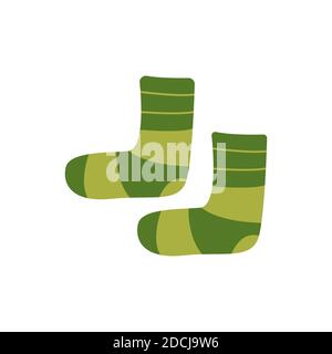 Warm cozy socks. Green striped. Comfortable clothes for cold weather. Winter or autumn socks. Isolated vector illustration in flat style Stock Vector