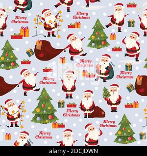 Merry Christmas seamless pattern with Santa Claus, tree and gifts in vector. Wrapping paper or print. Stock Vector