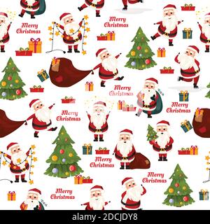 Merry Christmas seamless pattern with Santa Claus, tree and gifts in vector. Wrapping paper or print. Stock Vector