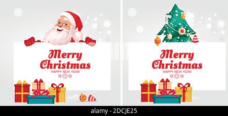set of postcards. Merry Santa Claus and Christmas tree stands behind Stock Vector