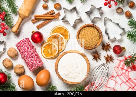 Christmas baking background on white table. Stock Photo