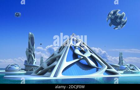 3D futuristic city architecture with a glass pyramid and towers surrounded by vine-like organic structures against a marina skyline, for fantasy and s Stock Photo