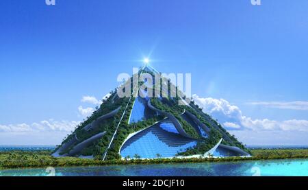 3D futuristic green architecture with a glass pyramid enclosed in vine-like structures covered with trees and a vertical garden, against a marina skyl Stock Photo