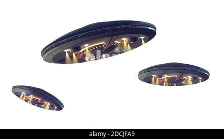 3D illustrations of an UFO in several images adjusted for perspective, for science fiction artwork or interstellar deep space travel. Clipping path in Stock Photo