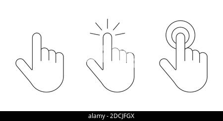 Hand click pointer icons set. Clicking pointing hand vector symbols in outline style isolated Stock Vector