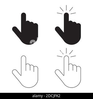 Hand click vector icons set in outline and filled styles. Clicking hand symbols Stock Vector
