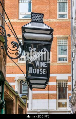 The sign for The Jamaica Wine House in St Michael's Alley in the City of London. It was the first coffee house in London. Stock Photo