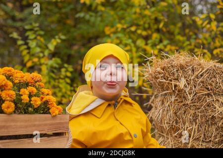 cute beautiful prescholer boy in an orange pants, raincoat, hat, rubber boots near a pile of hay. Cosiness, autumn. Stock Photo