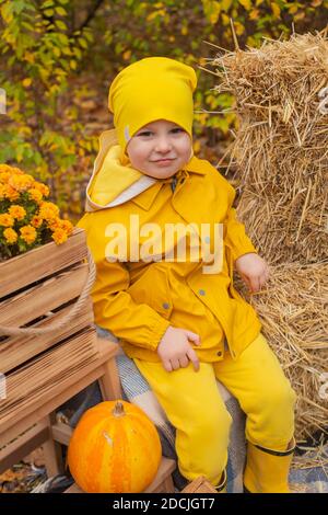 cute beautiful prescholer boy in an orange pants, raincoat, hat, rubber boots near a pile of hay. Cosiness, autumn. Stock Photo