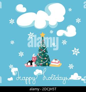 Christmas Tree under Snow Cloud on Blue Background Stock Vector