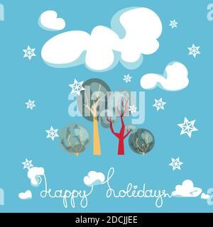Winterly Trees under Snow Cloud on Blue Background Stock Vector
