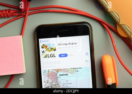 New York, United States - 7 November 2020: BW Map Mobile app store logo on phone screen, Illustrative Editorial. Stock Photo