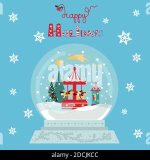 Christmas Card Carousel with Horses in Snow Globe  Stock Vector