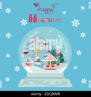Christmas fair in Snow Globe on Blue Background Stock Vector