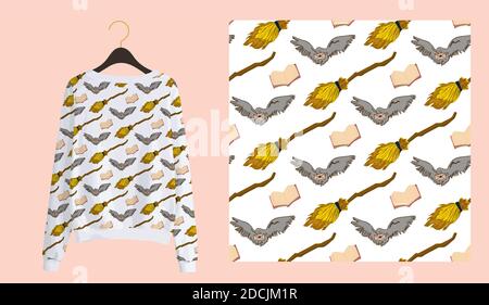 Trendy modern print for fabrics and textiles. Magic school seamless pattern. owl mailing on a white background. Design of youth teenage clothing. Stock Vector