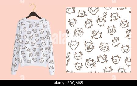 Trendy modern print for fabrics and textiles. Bulls or oxen seamless pattern. Doodle cow on a white background. Clothing design. Stock Vector