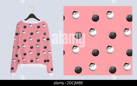 Trendy modern print for fabrics and textiles. Seamless sweet pattern. Chupa chups candy on a pink background. Pajama or hoodie design. Stock Vector
