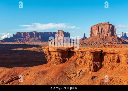 John Ford viewpoint in Monument Valley Navajo Tribal Park with a Navajo Horseman staging the Stagecoach movie, Arizona, USA, United States of America. Stock Photo