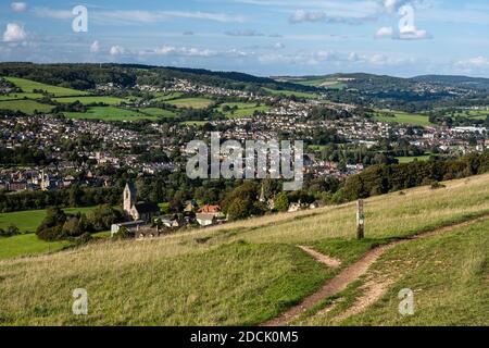 Sun shines on the town of Stroud, nestled in a valley under the hills of the Cotswolds in Gloucestershire. Stock Photo