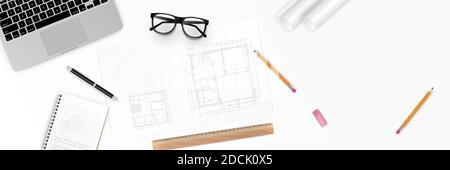 Vector illustration Workplace of architect - Architectural project, blueprints, blueprint rolls and pen on plans. Engineering tools view from the top. Stock Vector