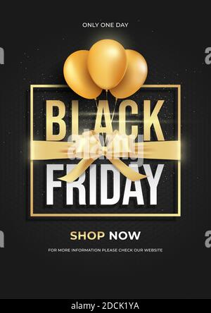 Black Friday Super Sale. Shelf and podium with realistic black gifts boxes with gold bows. Dark background golden text lettering in bright glowing neo Stock Vector