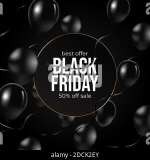 Black Friday banner. Golden text on black square with gold frame. Black luxury leather pattern background. Vector illustration. Stock Vector