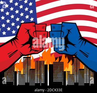 Republican vs Democrat fists for American president on background burned city and US flag . Vector Stock Vector