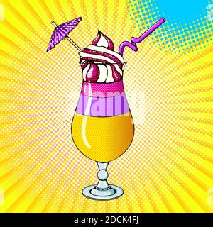 Vector bright colored background in Pop Art style. Illustration with exotic cocktail in a glass with an umbrella. Retro comic style Stock Vector