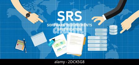 SRS software requirements specification planning information technology document paper management Stock Vector