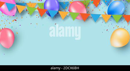 Colorful holiday blue background with balloons and confetti. Vector Stock Vector