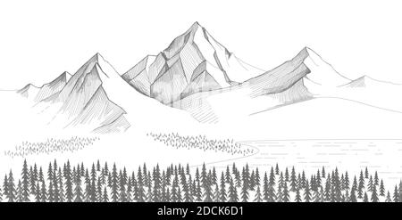 Mountain Landscape, forest pine trees sketch. Hand drawn vector Illustration. Stock Vector