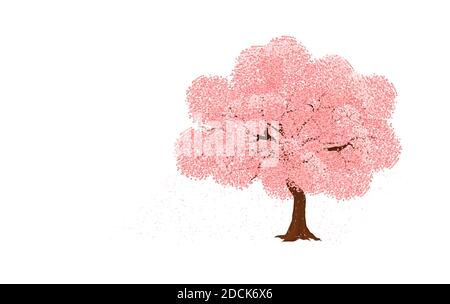 Sakura blossom vector illustration - Japanese cherry tree, with falling petals isolated on white background. Stock Vector