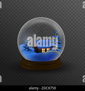 Christmas winter landscape globe with snow house forest mountains and stars inside isolated vector illustration. Stock Vector