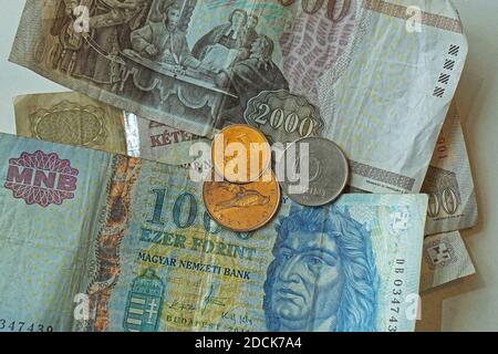 Budapest, Hungary - July 13, 2015: Pile of Hungarian Forints at table in Budapest, Hungary. Stock Photo
