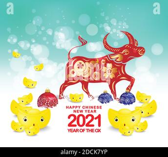 Merry christmas and Happy Chinese New Year 2021 greeting card with gold ingots. Pocket watch in snow Stock Vector